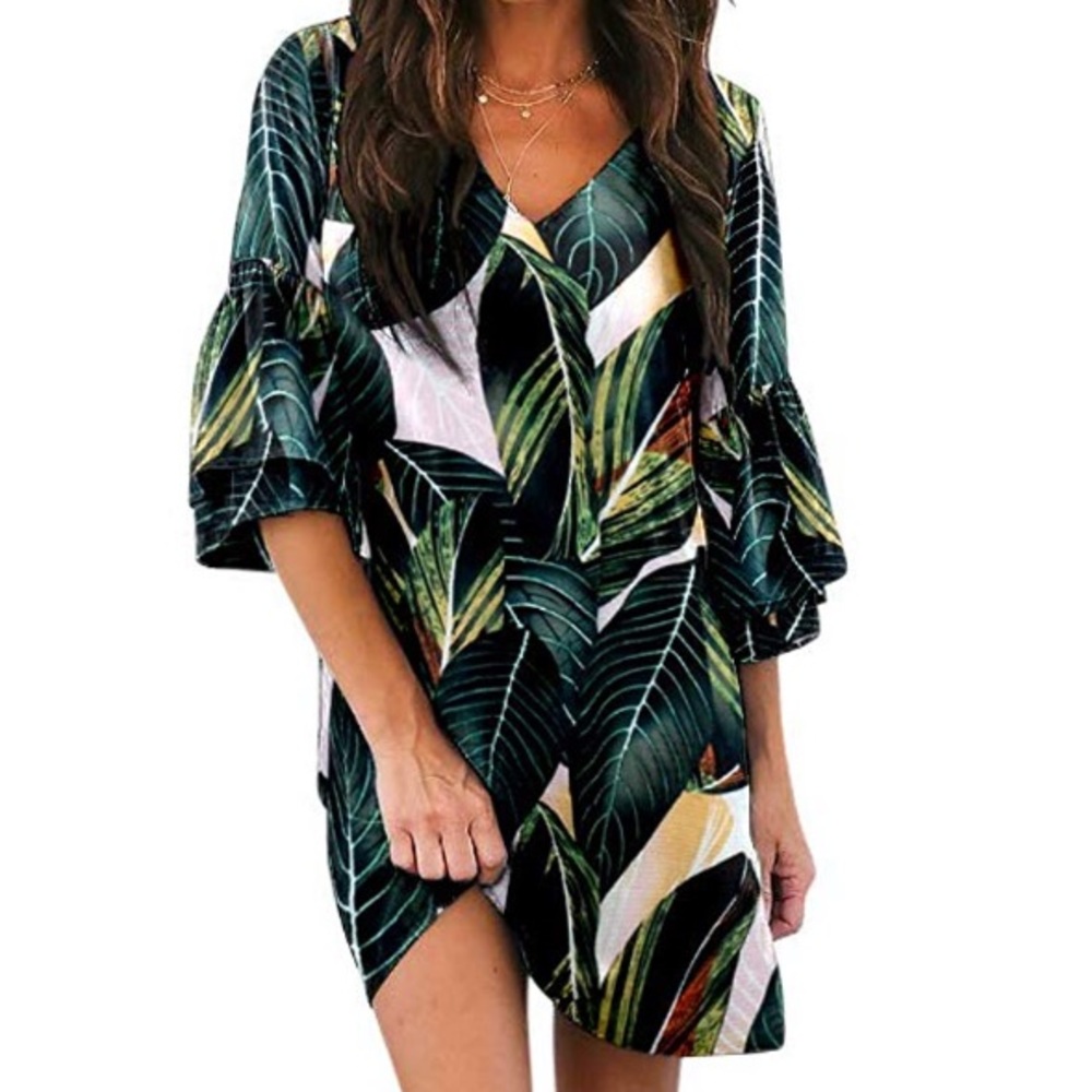 V-Neck Bell Sleeve Shift Dress Mini Dress